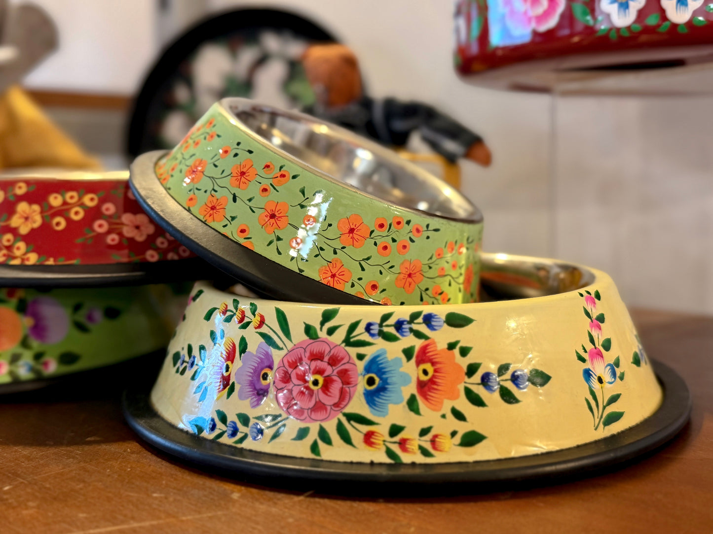 Hand-Painted Kashmiri Enamelware Dog Bowl
