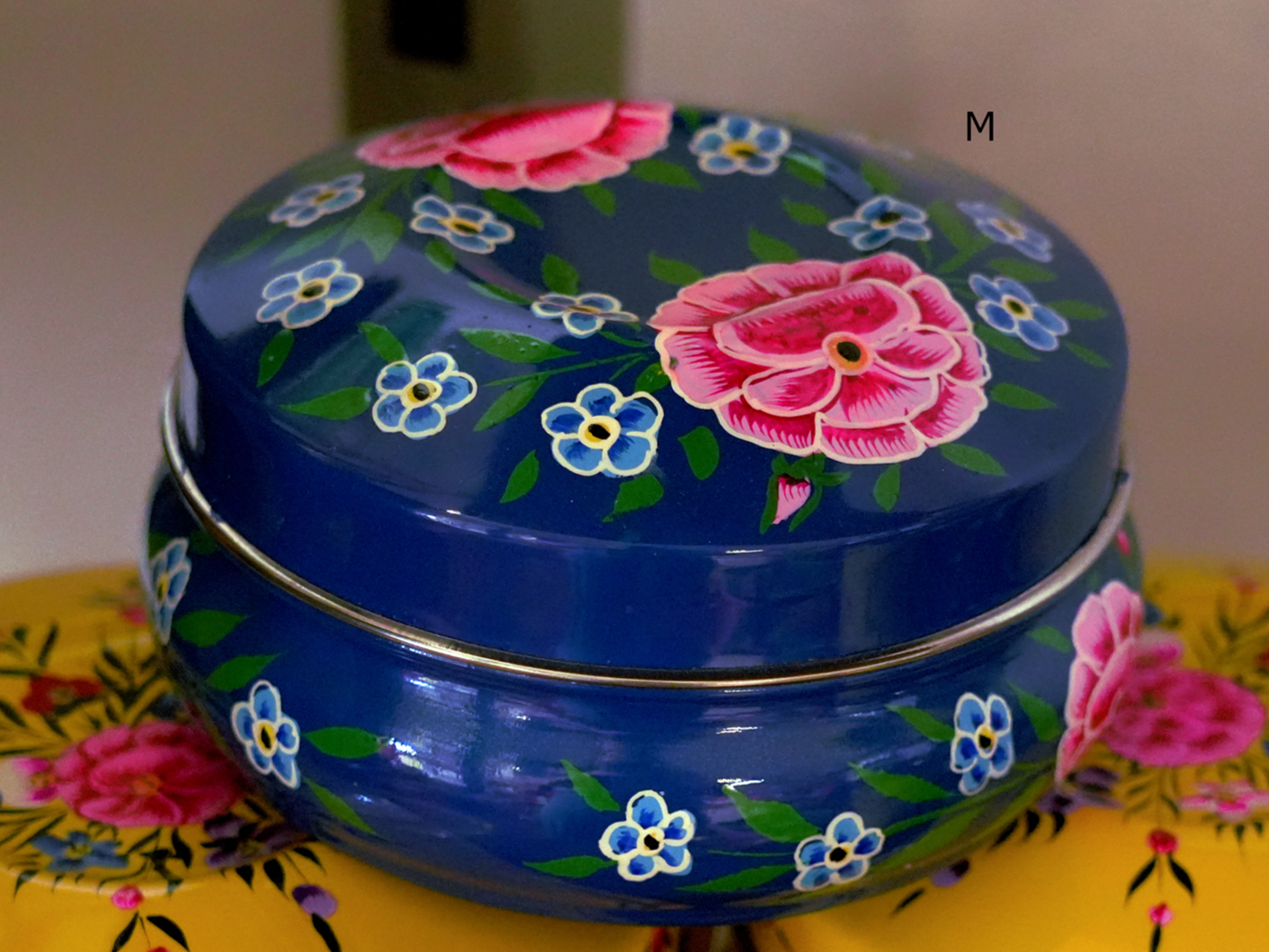 Hand‑Painted Kashmiri Enamelware Round Top Box